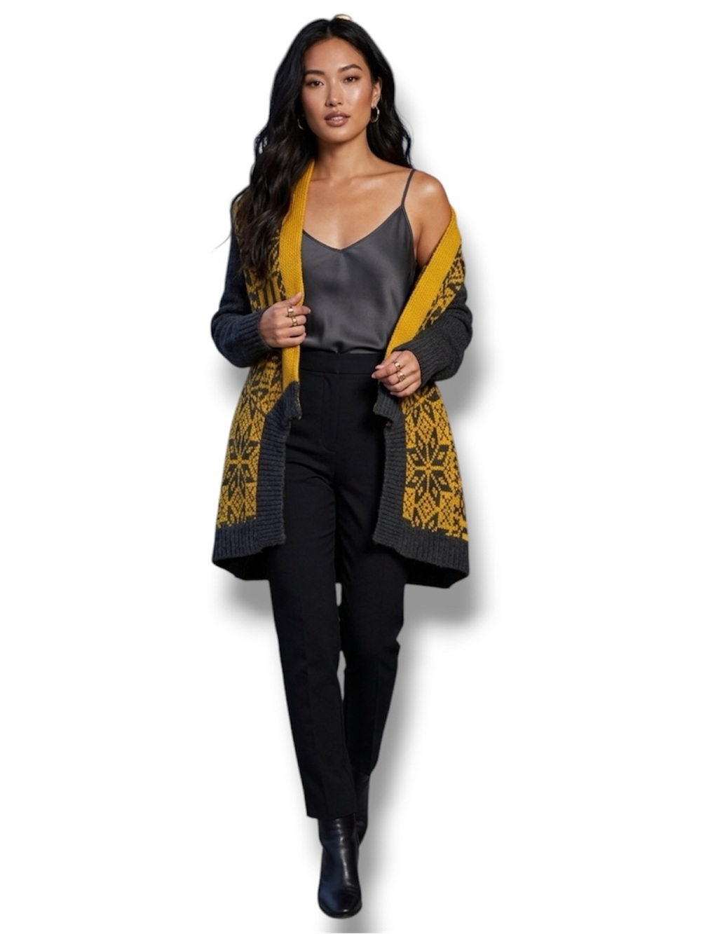 Dex Mustard Yellow & Charcoal Grey Geometric Knit Cardigan Wrap Sweater Medium